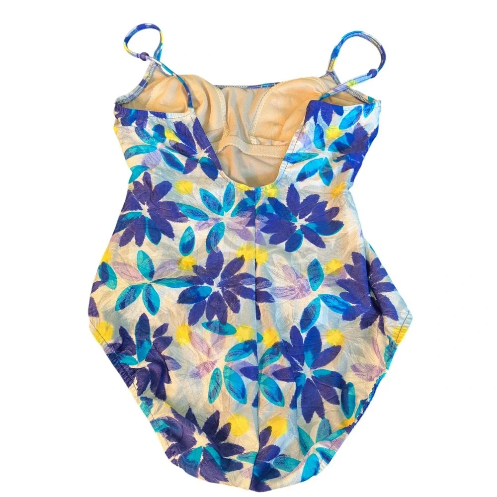 Cole of California Vintage 90s One Piece Swimsuit Blue Floral Nylon Size‎ 14